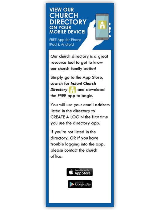 Example image of an 2x6 newsletter ad to announce Instant Church Directory to church members