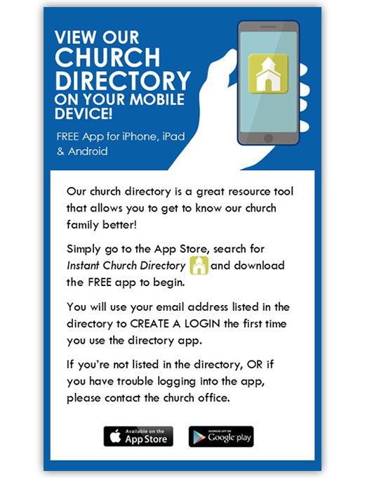 Example image of an 3x5 newsletter ad to announce Instant Church Directory to church members