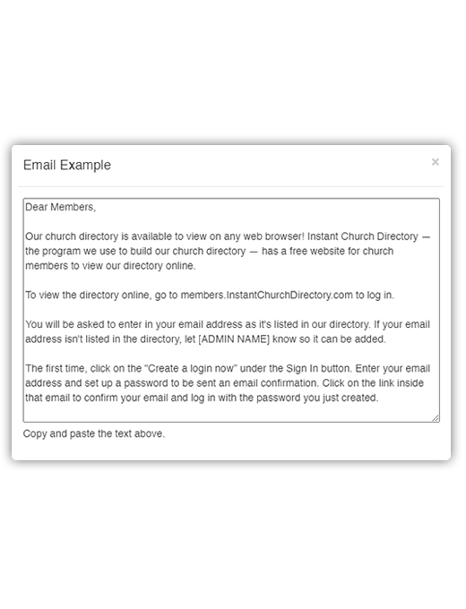 Example image of an email template used to announce Instant Church Directory to church members