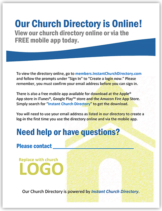 Example image of a flyer to announce Instant Church Directory to church members
