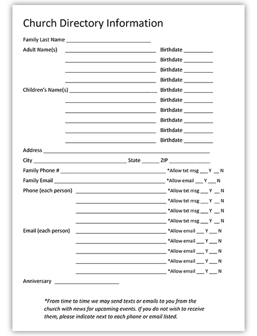 Example image of a form for families to complete to be included in their directory