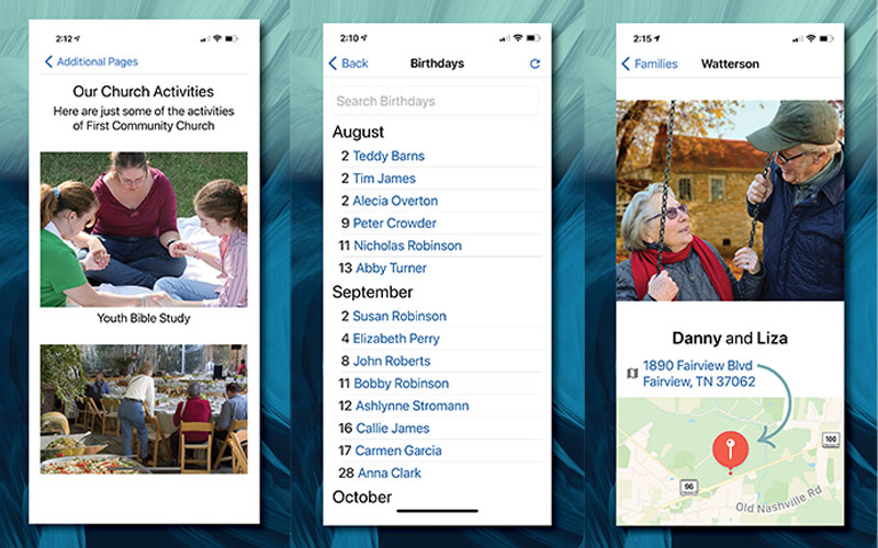 Instant Church Directory mobile app three screenshots image