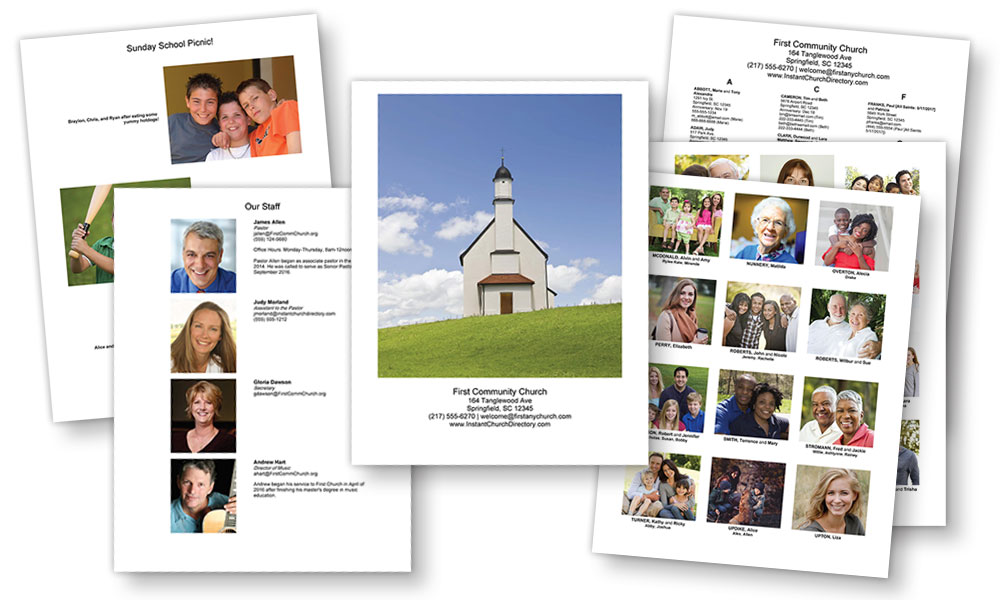Instant Church Directory photo image a directory layout that shows various page types within the directory